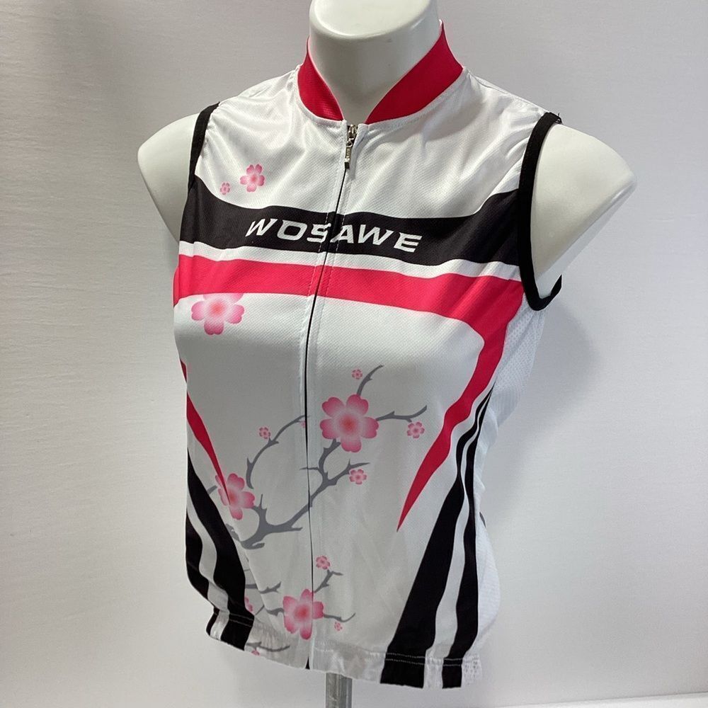WOSAWE Cycling Top Women's Sleeveless Racing Shirt White and Pink Back Pockets M